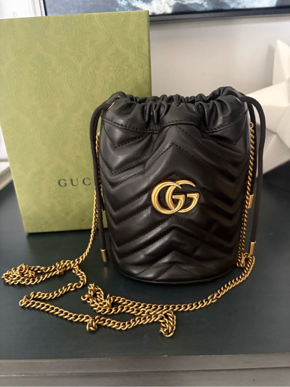 Gucci Black Chevron Quilted Mini Bucket Bag with Gold GG